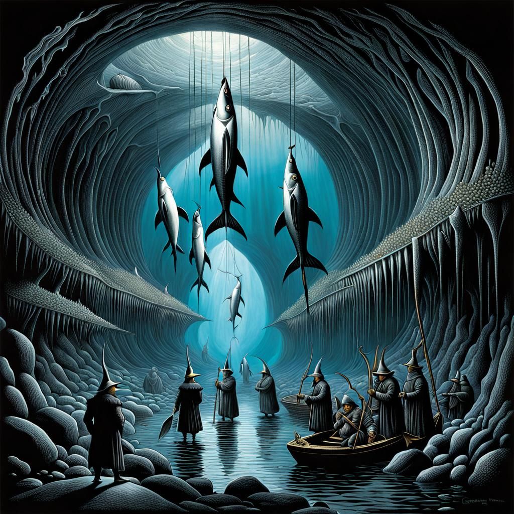Penguins Mine Mackerel in Antarctic Dark Fantasy