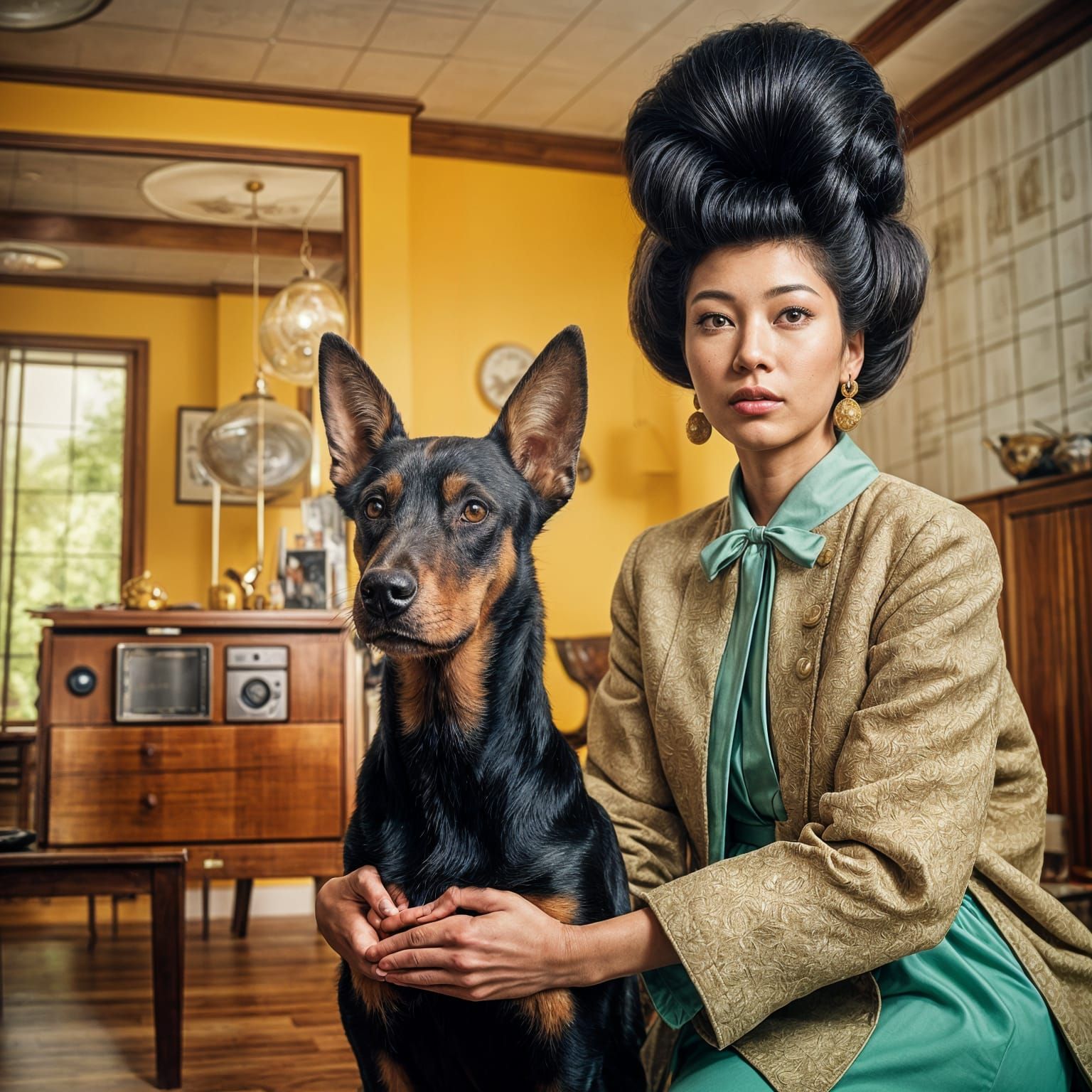 Asian Model with Beehive in Wes Anderson Style