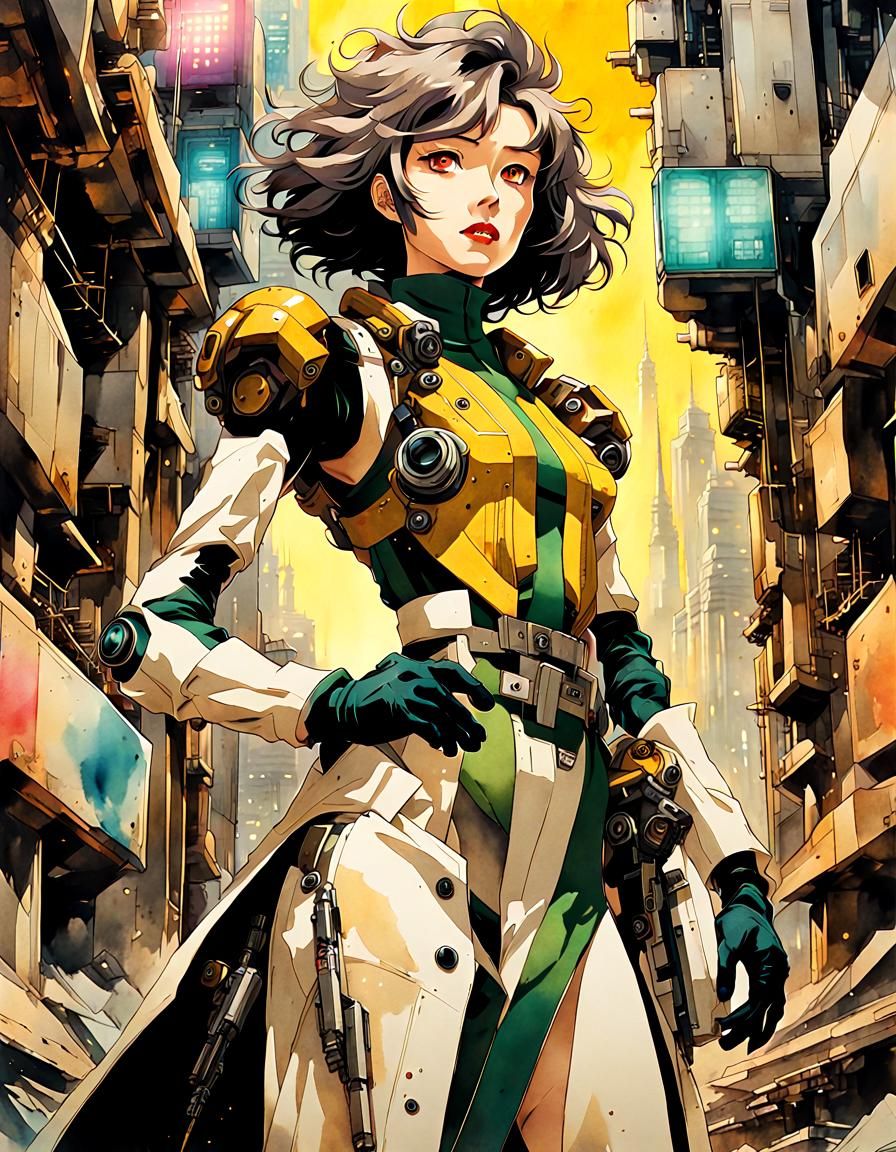 Retro-Futuristic Anime Villain in Watercolor Style