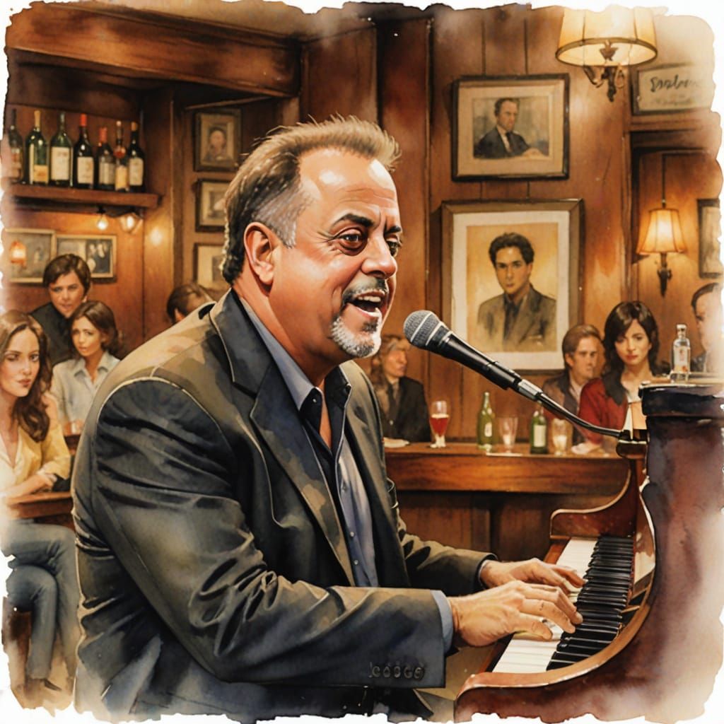 Billy Joel Watercolor Portrait Playing Piano