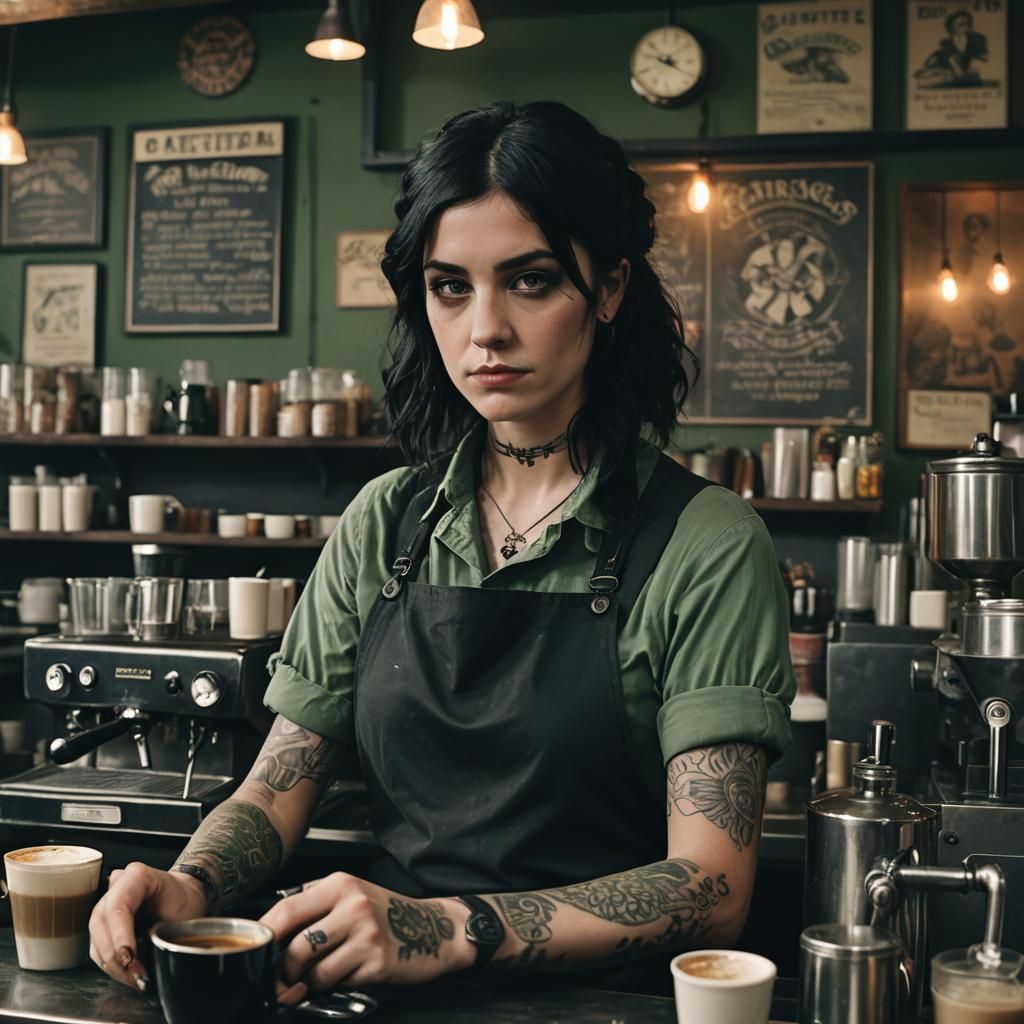 Cinematic Barista with Tattoos in Eerie Coffee Shop