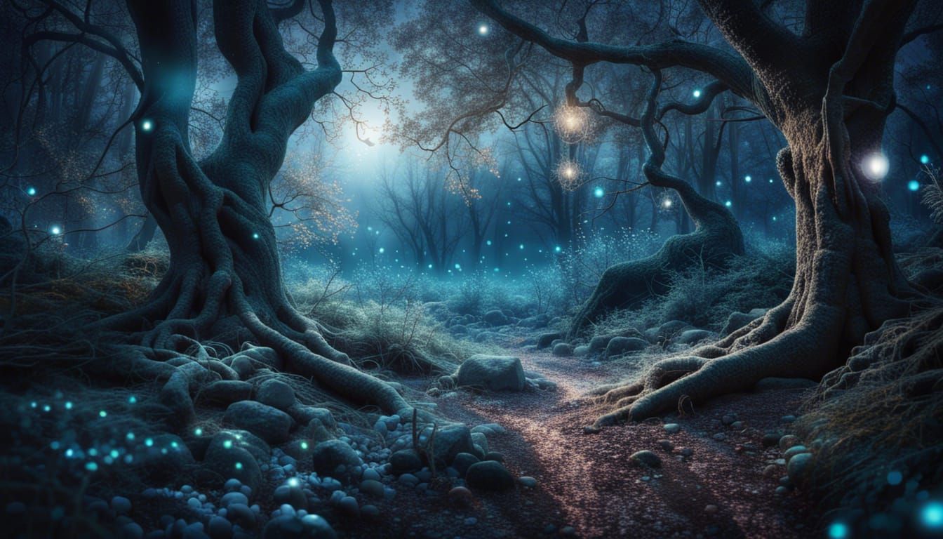 Mystical Moonlit Forest with Fairy Lights