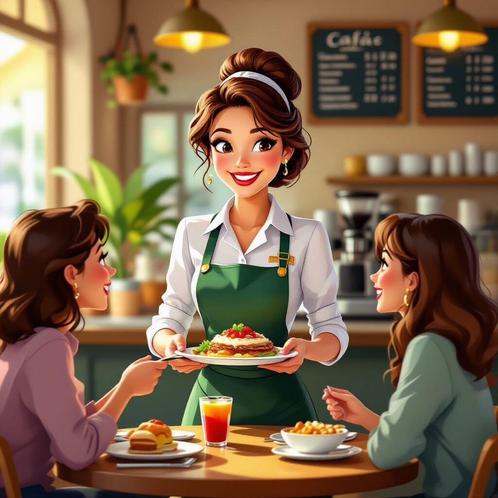 Waitress Serving Food in Whimsical Illustrative Style