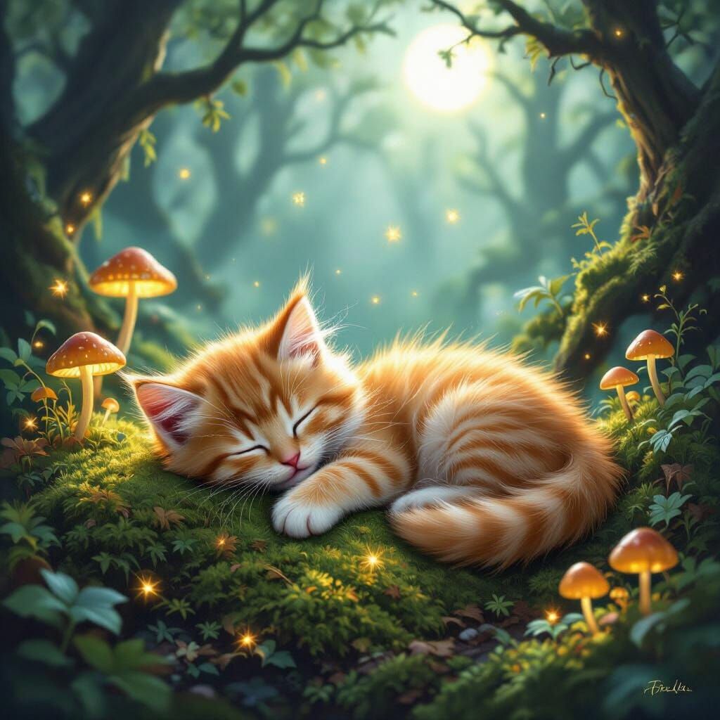 Fluffy Kitten Sleeps in Magical Forest