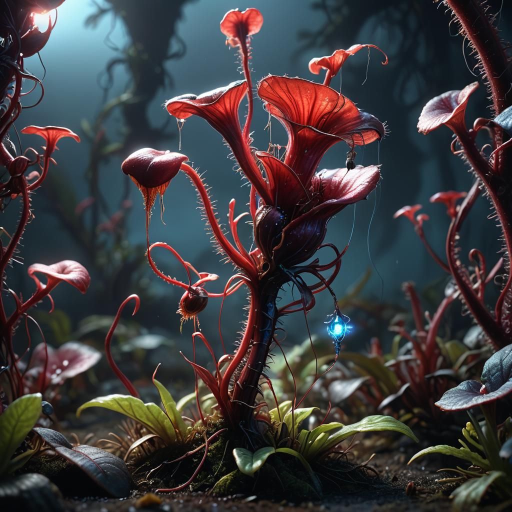 Sci-Fi Carnivorous Plant Eats Fly: Hyperrealistic Render