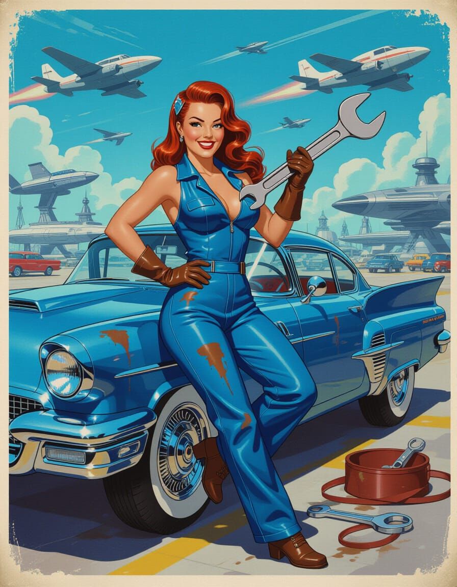 Pin-Up Android Mechanic in Retro Spaceport