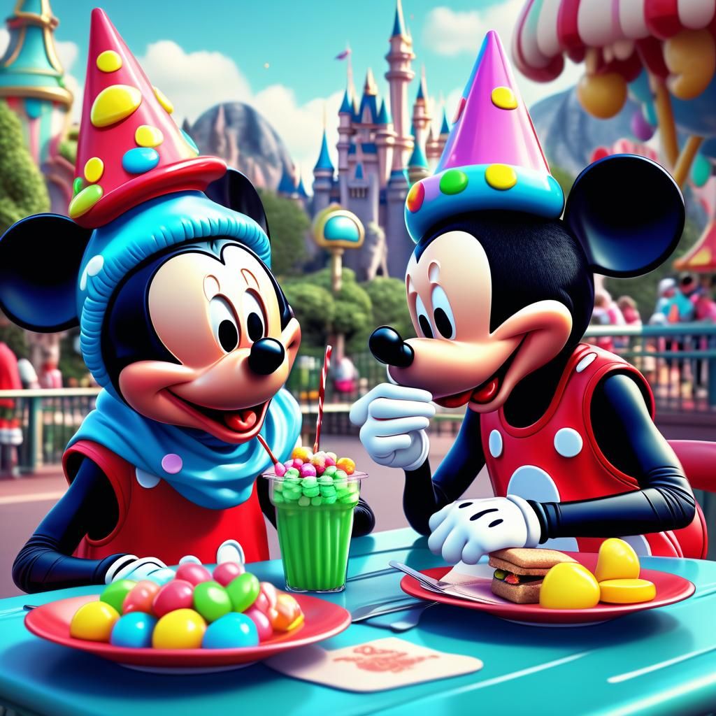 weird but cute alien wearing mickey mouse hat and ears havin...