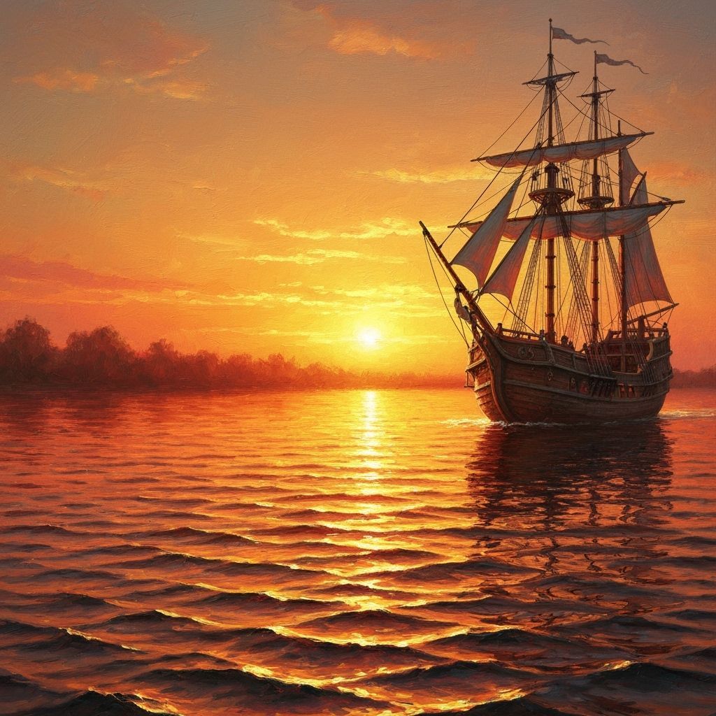 Fantasy Sailing Ship on Glowing River at Sunset