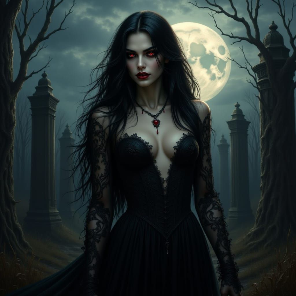 Gothic Vampire Woman in Ruined Cemetery at Night