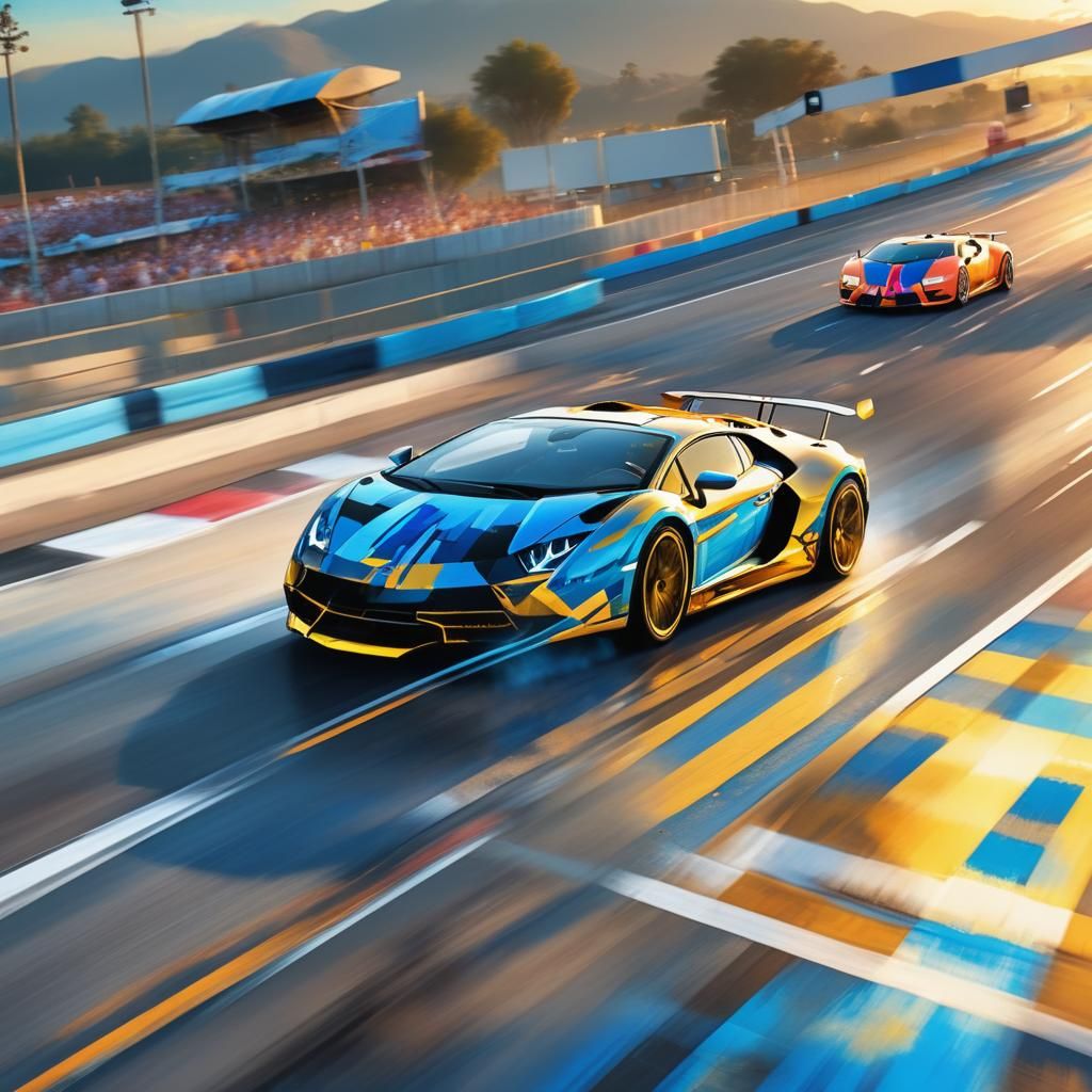 Lamborghini Races Bugatti: Vibrant Watercolor Matte Painting