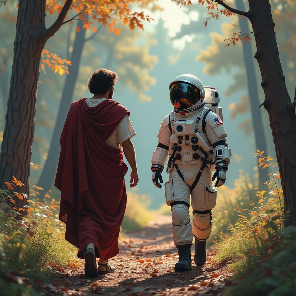 Roman & Astronaut Walk in Autumn Forest