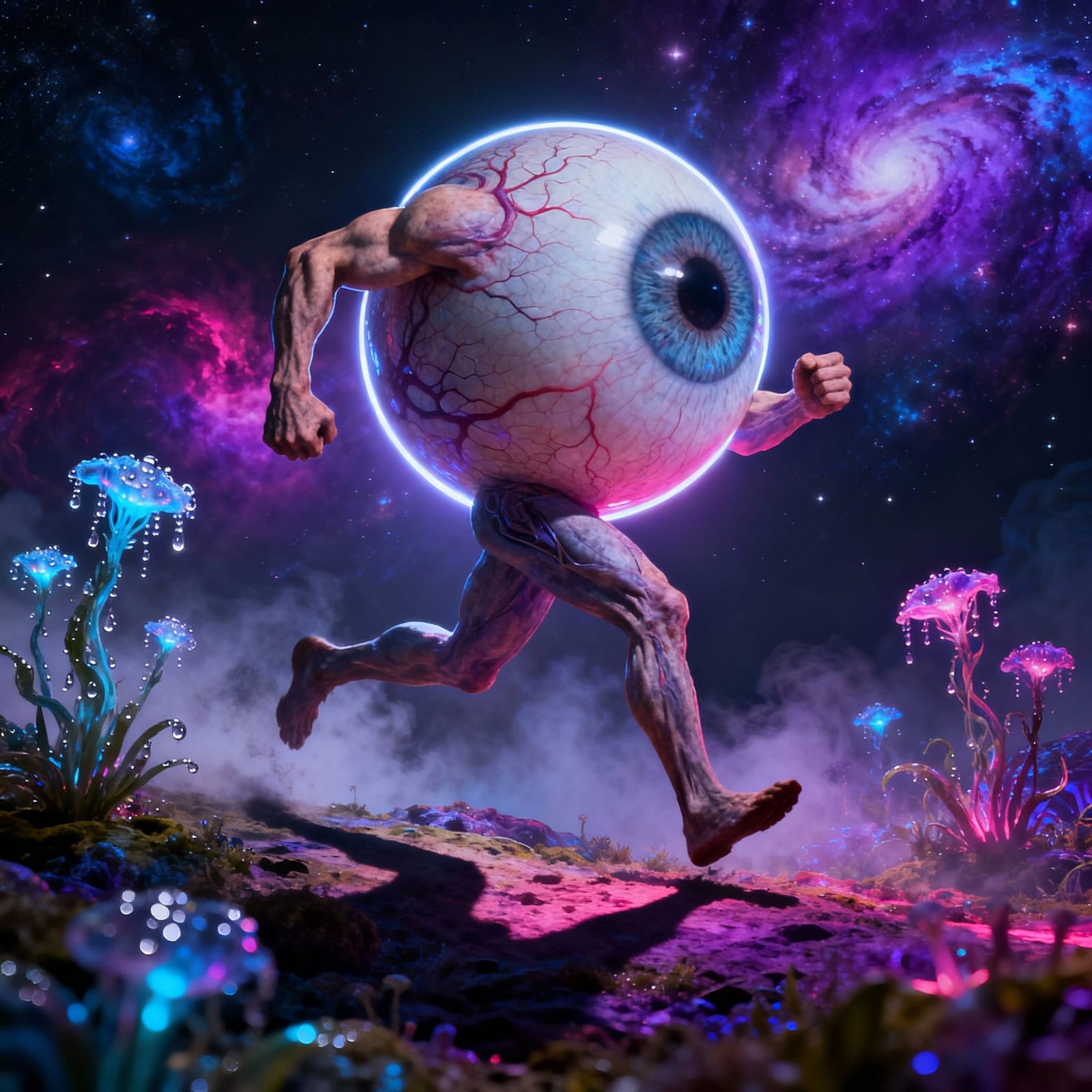 Hyperrealistic Eyeball With Limbs Runs Through Dreamscape