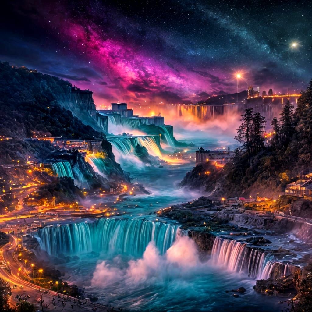 Majestic Waterfalls Illuminated by Nighttime Lights