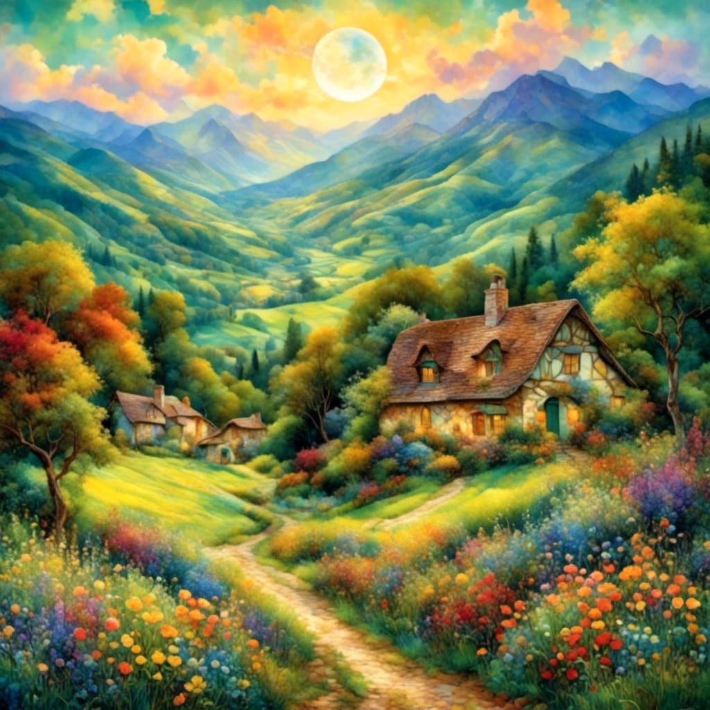 Apple Green Valleys: Impressionist Gouache Watercolor Landsc...