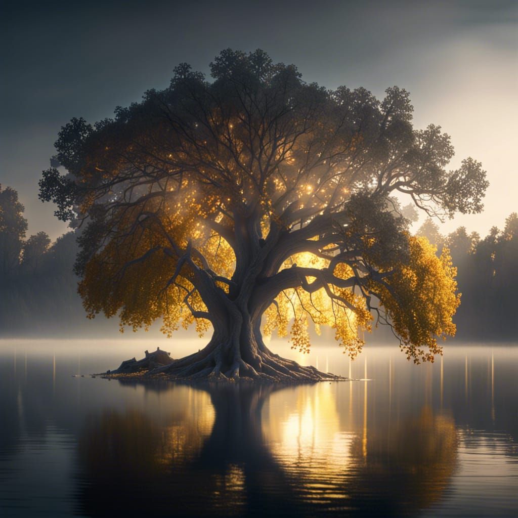Illuminated Oak on Island: 8K Matte Painting