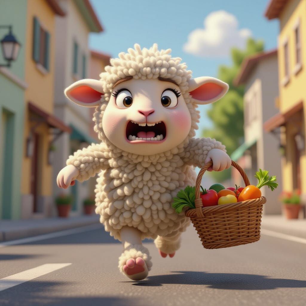 Furious Lamb Running with Vegetables: Pixar Style