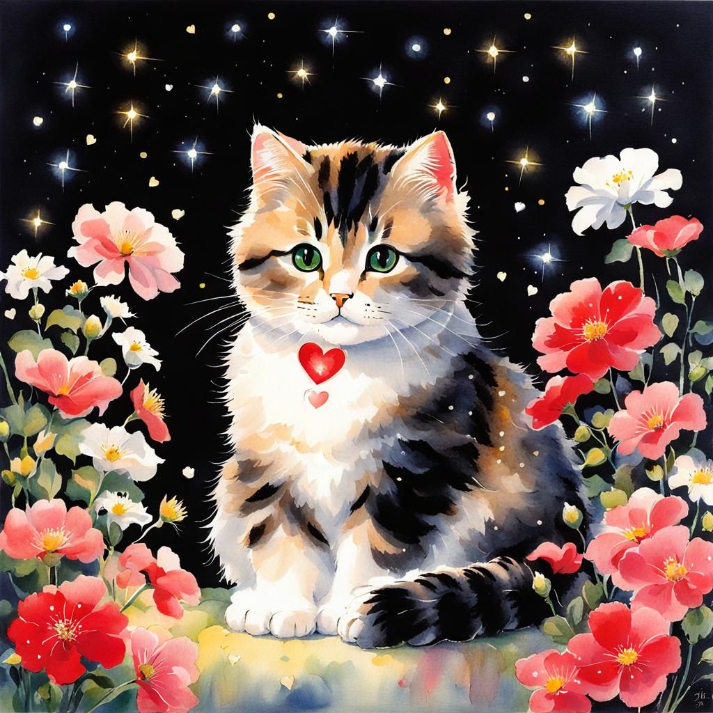 Cute Cat Surrounded by Flowers in Nihonga Style