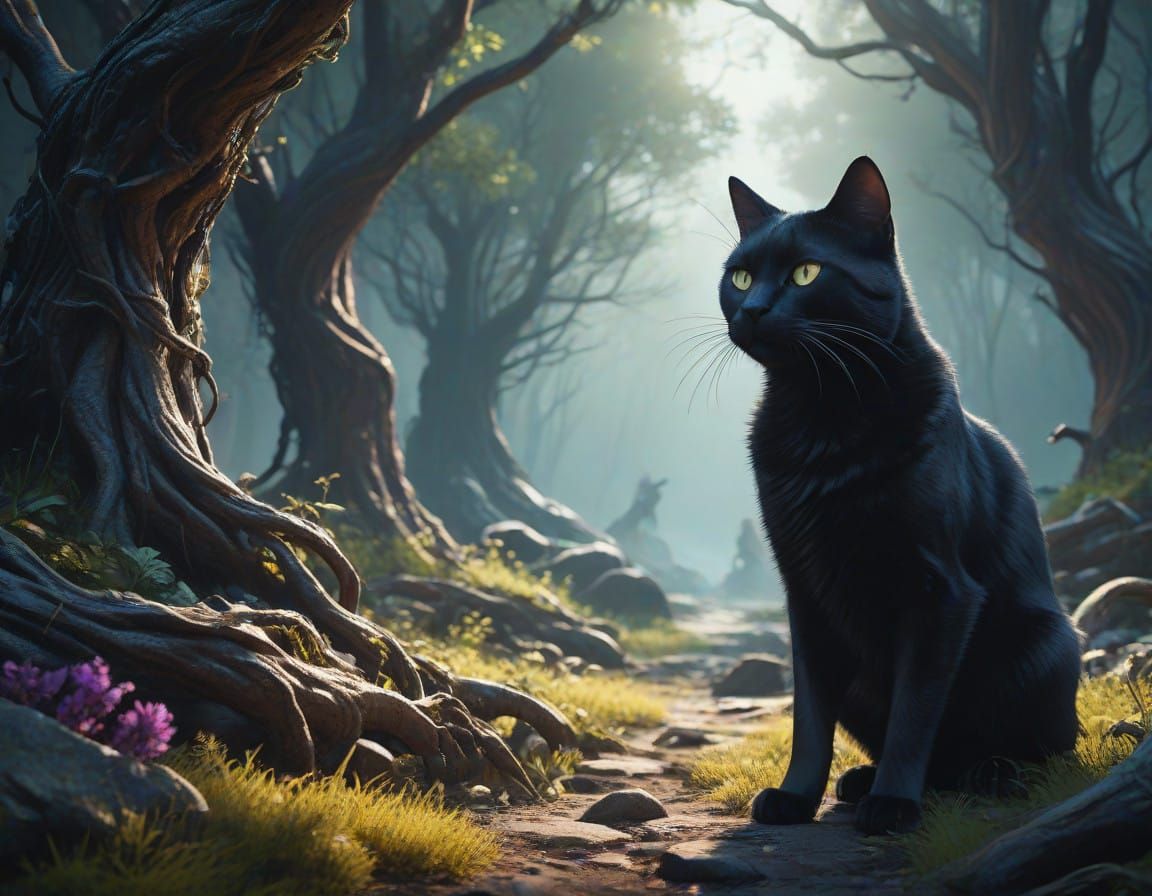 Enchanted Black Cat Prowls Moonlit Realm