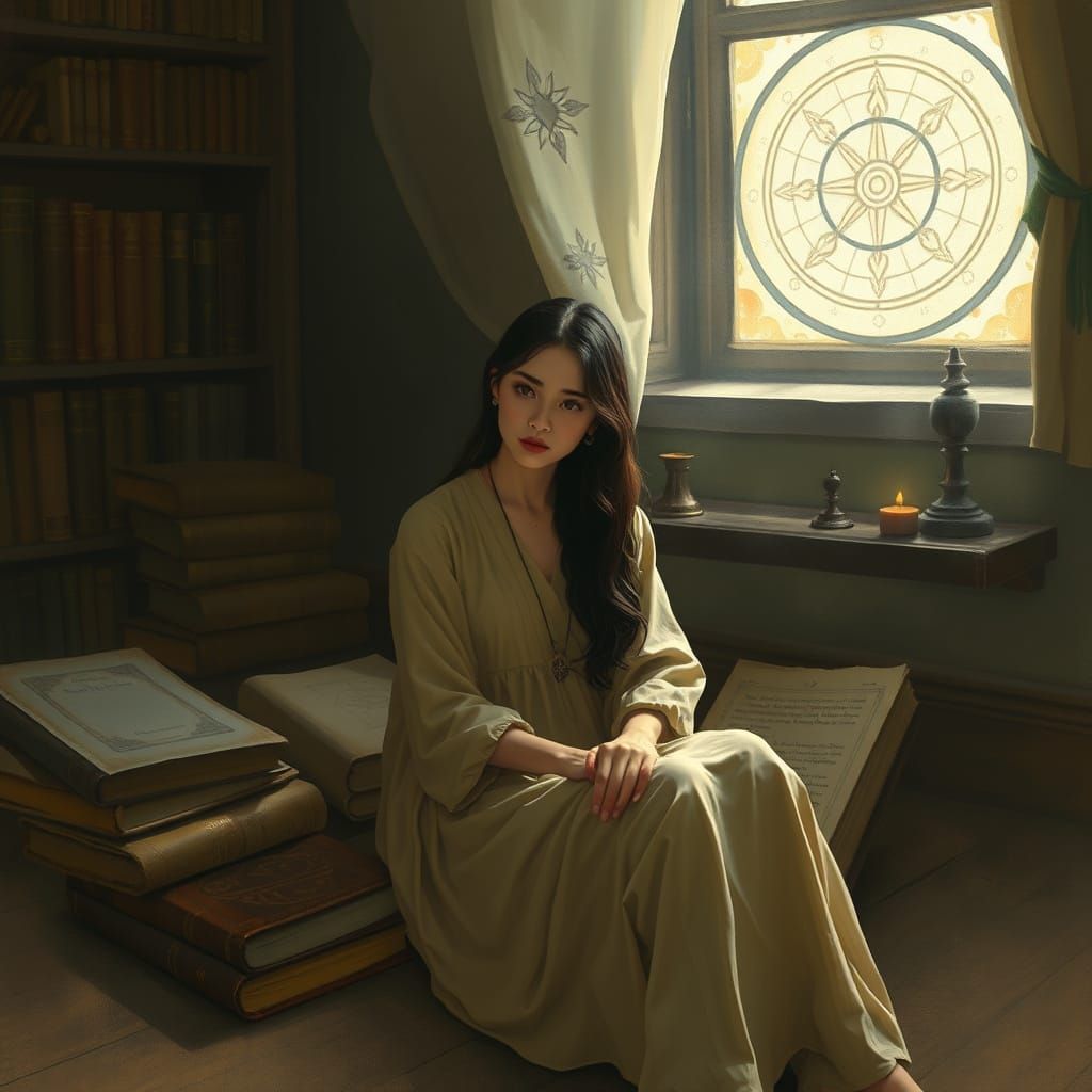 Mystical Woman Surrounded by Books in Digital Art Style