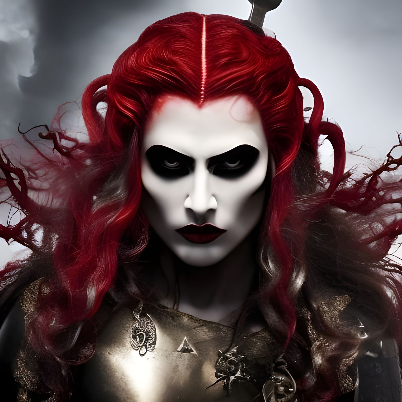 Hyperrealistic Medusa Demigod in Blood Red Sky