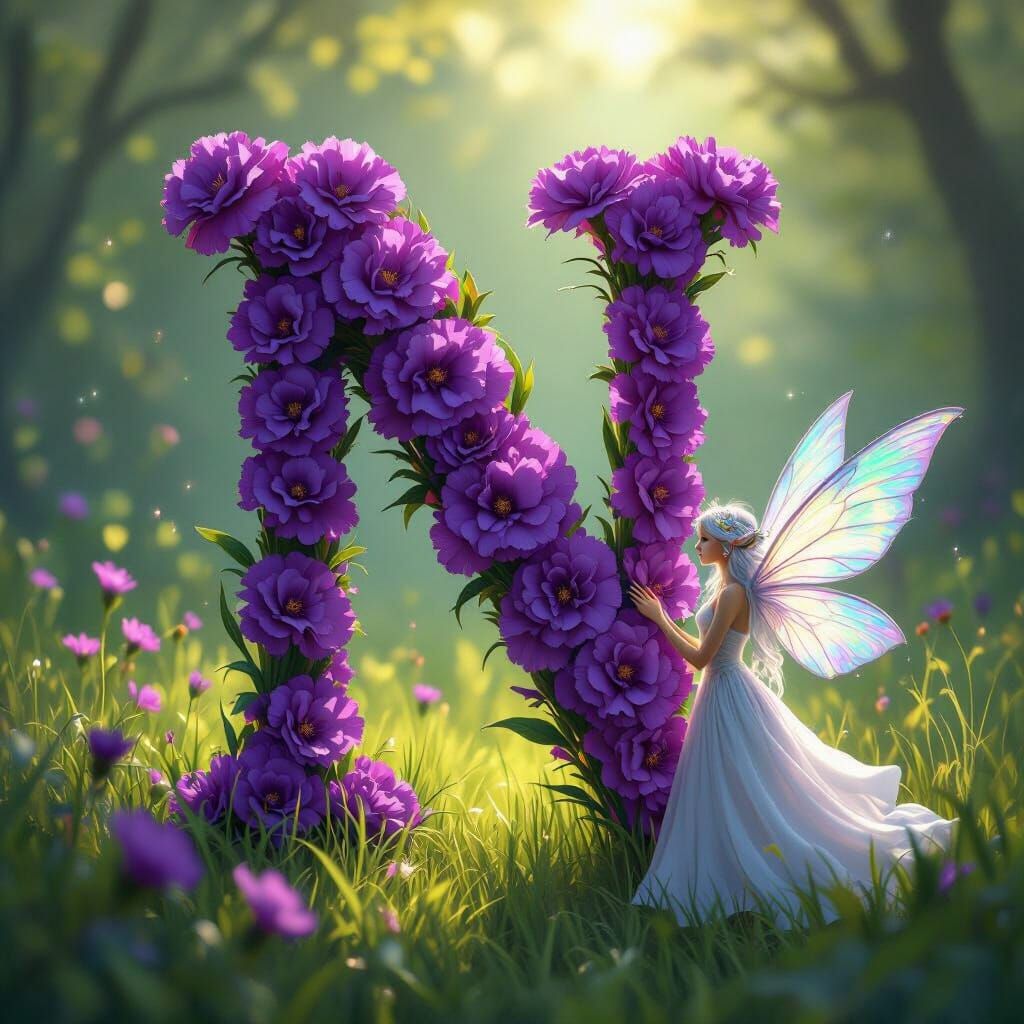Purple Carnation Letter N with Ethereal Fairy in Fantasy Art