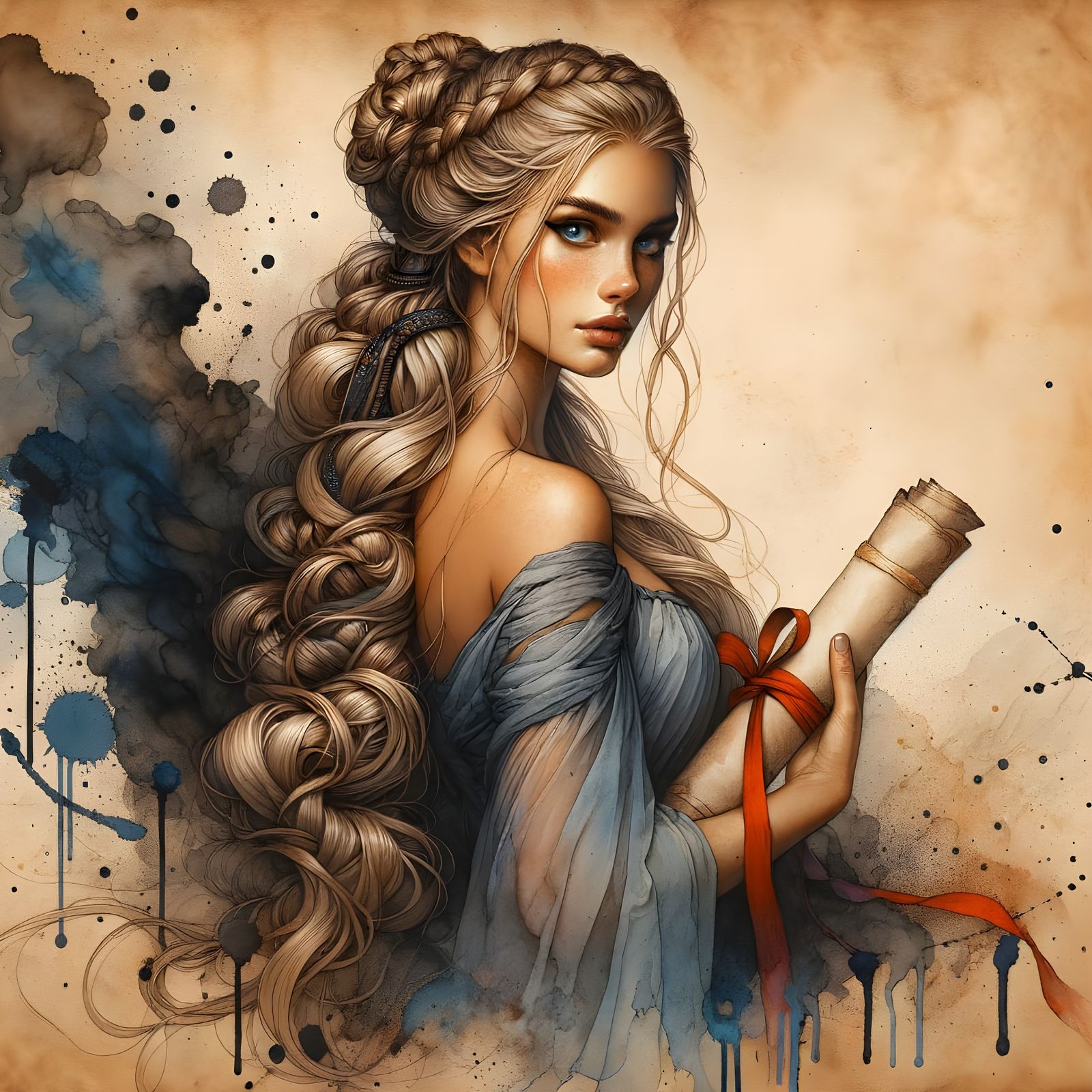 Stunning Norse Goddess in Ink and Watercolor on Burnt Parchm...