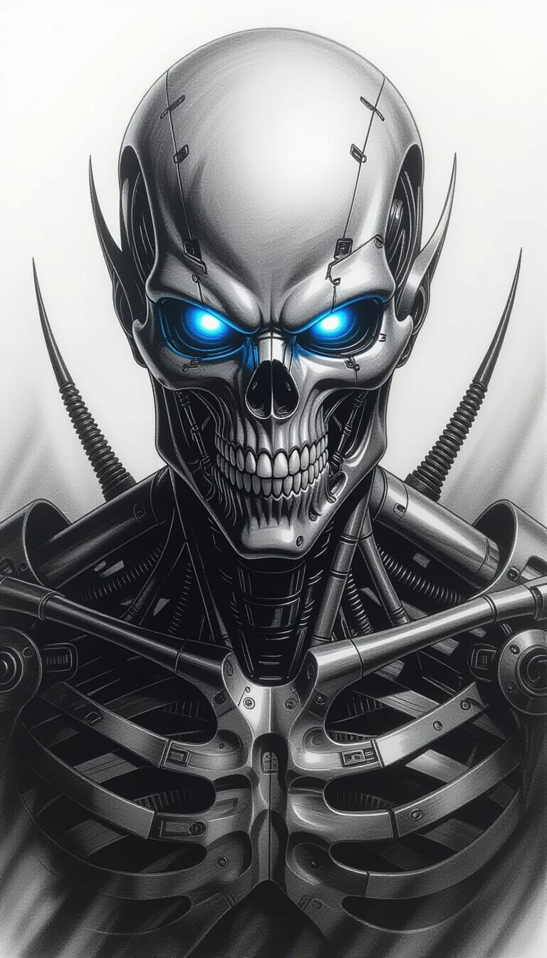 Charcoal Sketch of a Robotic Alien Figure in Giger Style