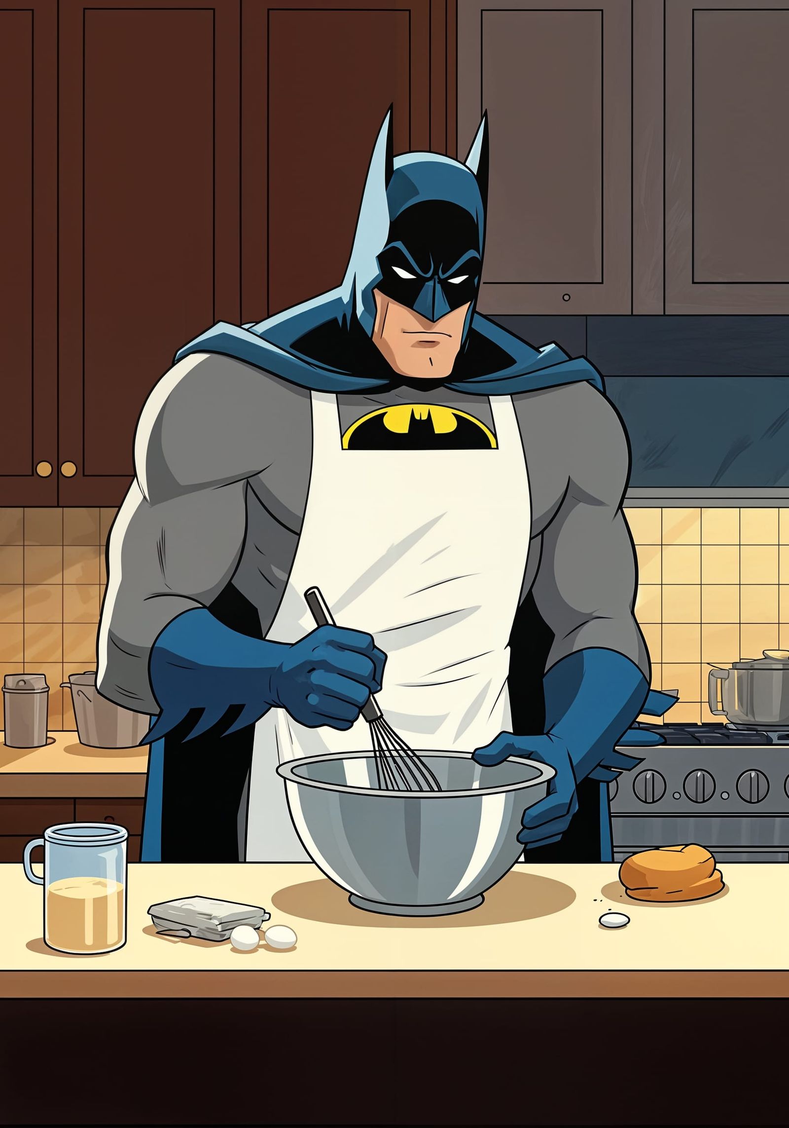 Batman Bakes an Egg in a Whimsical Cartoon Kitchen