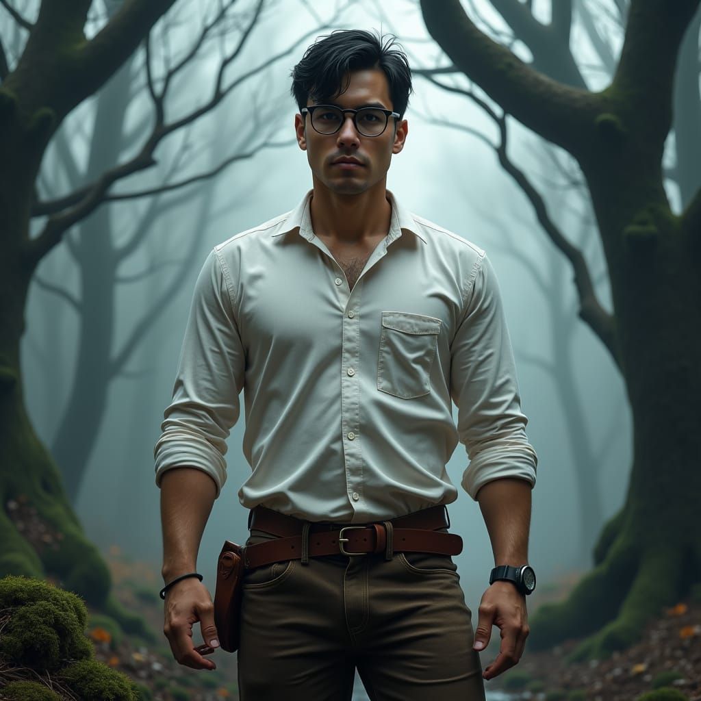 Man in Misty Forest: Hyper-Realistic Matte Painting