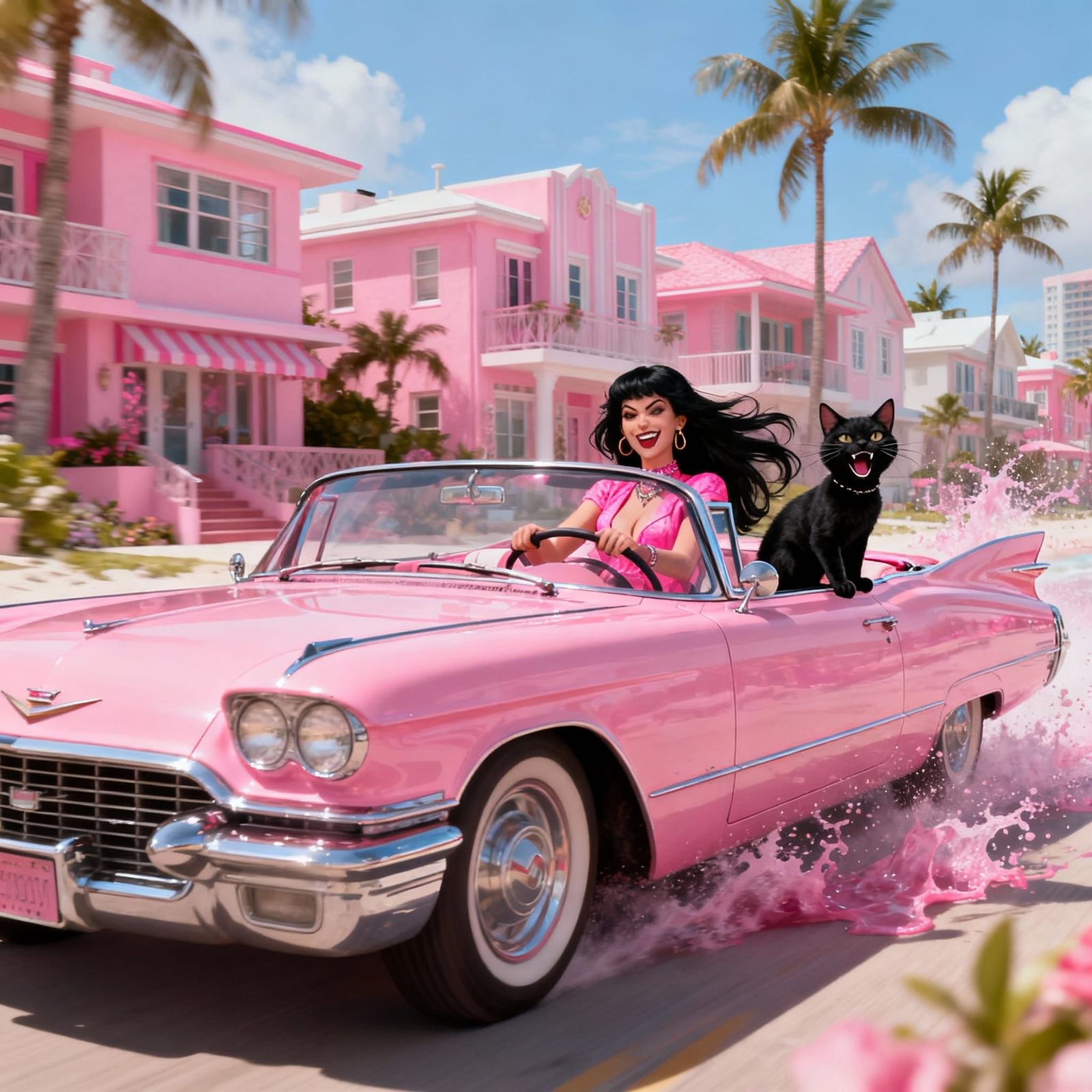 Woman and Cat in Pink Cadillac on Miami Beach