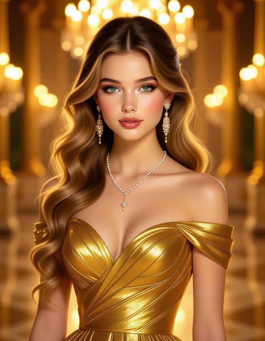 Glamorous Woman in Golden Gown, Luxurious Ballroom Portrait