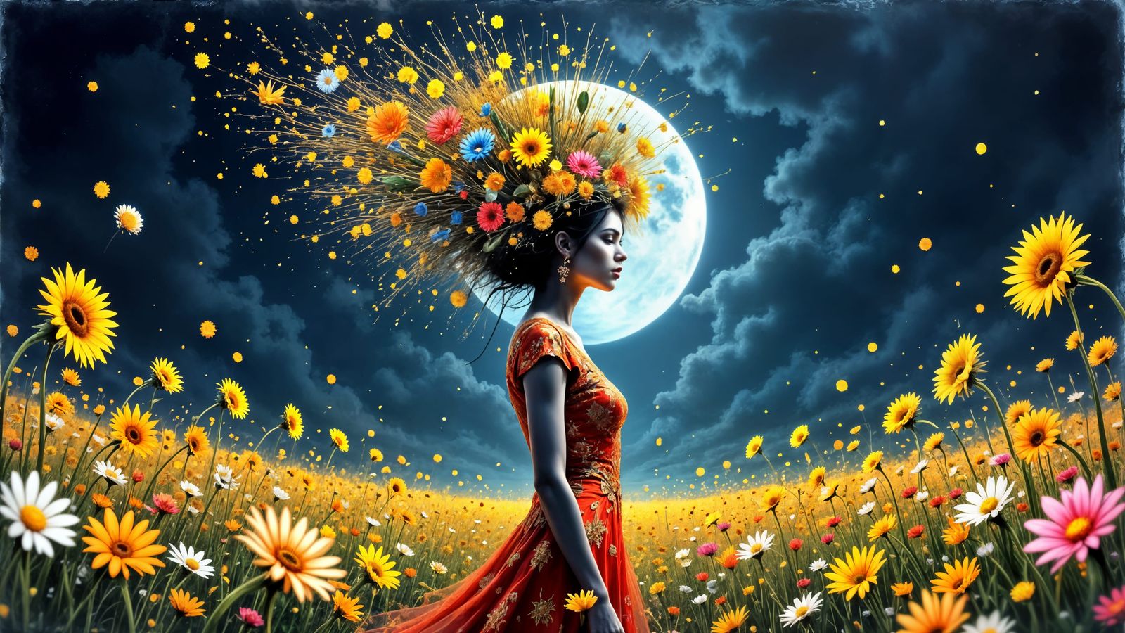 Woman in Ballgown with Succulent Headdress, Fractal Surreali...