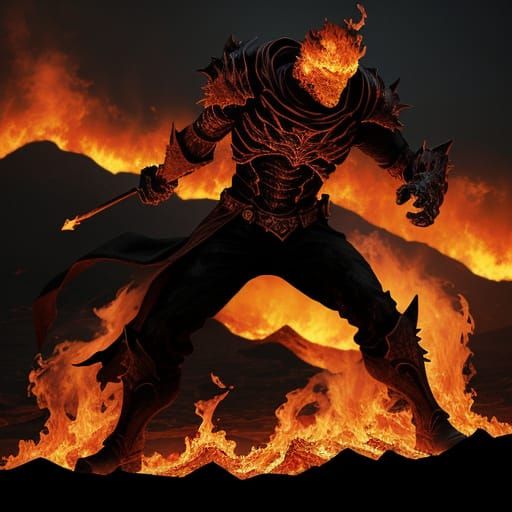 Inferno Warrior Stands Tall Amidst Blazing Wasteland