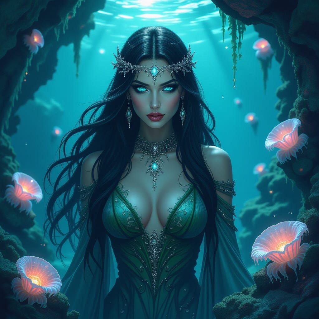 Mystic Sorceress in Underwater Grotto, Dark Fantasy Art