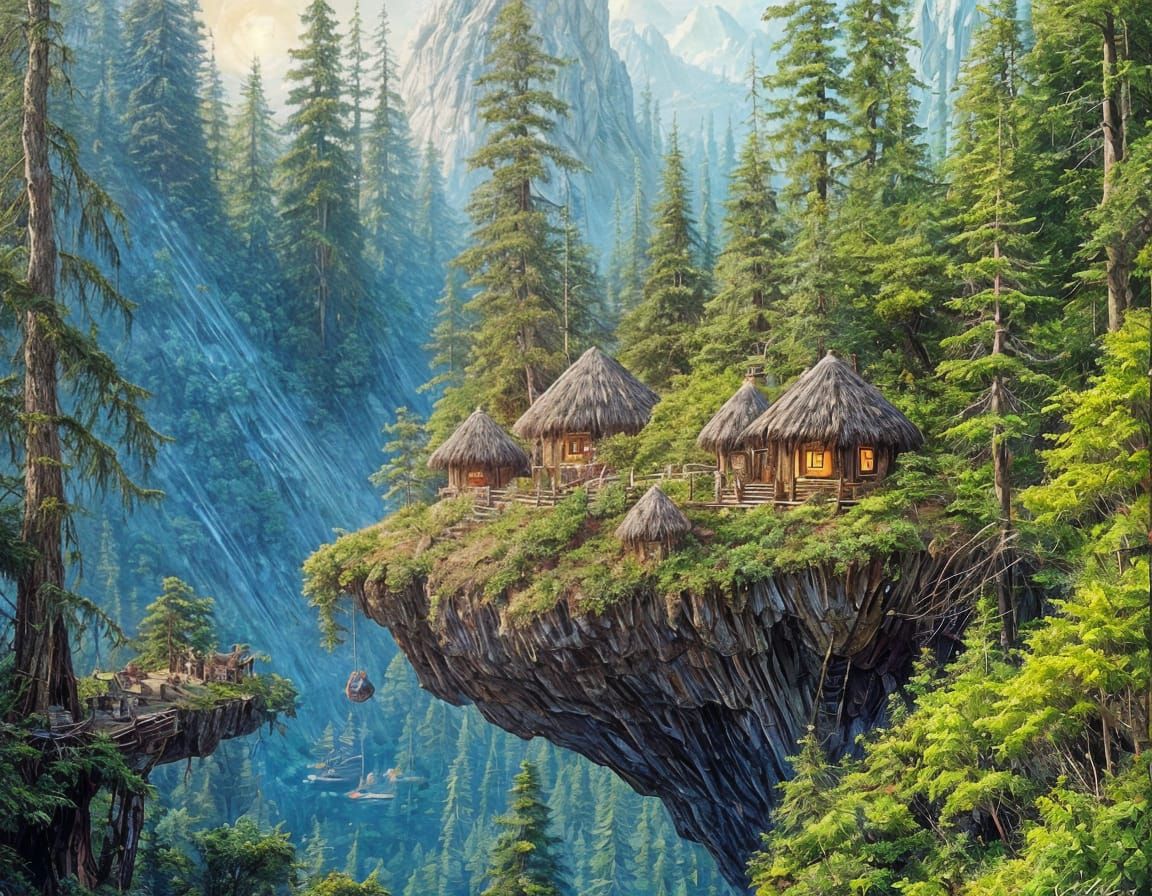 Ewok Cliff Village in a Lush Endor Moon Landscape
