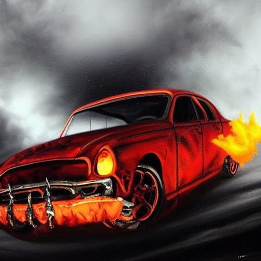 Eerie Oil Painting of a Twisted Car Crash in Dark Surrealism
