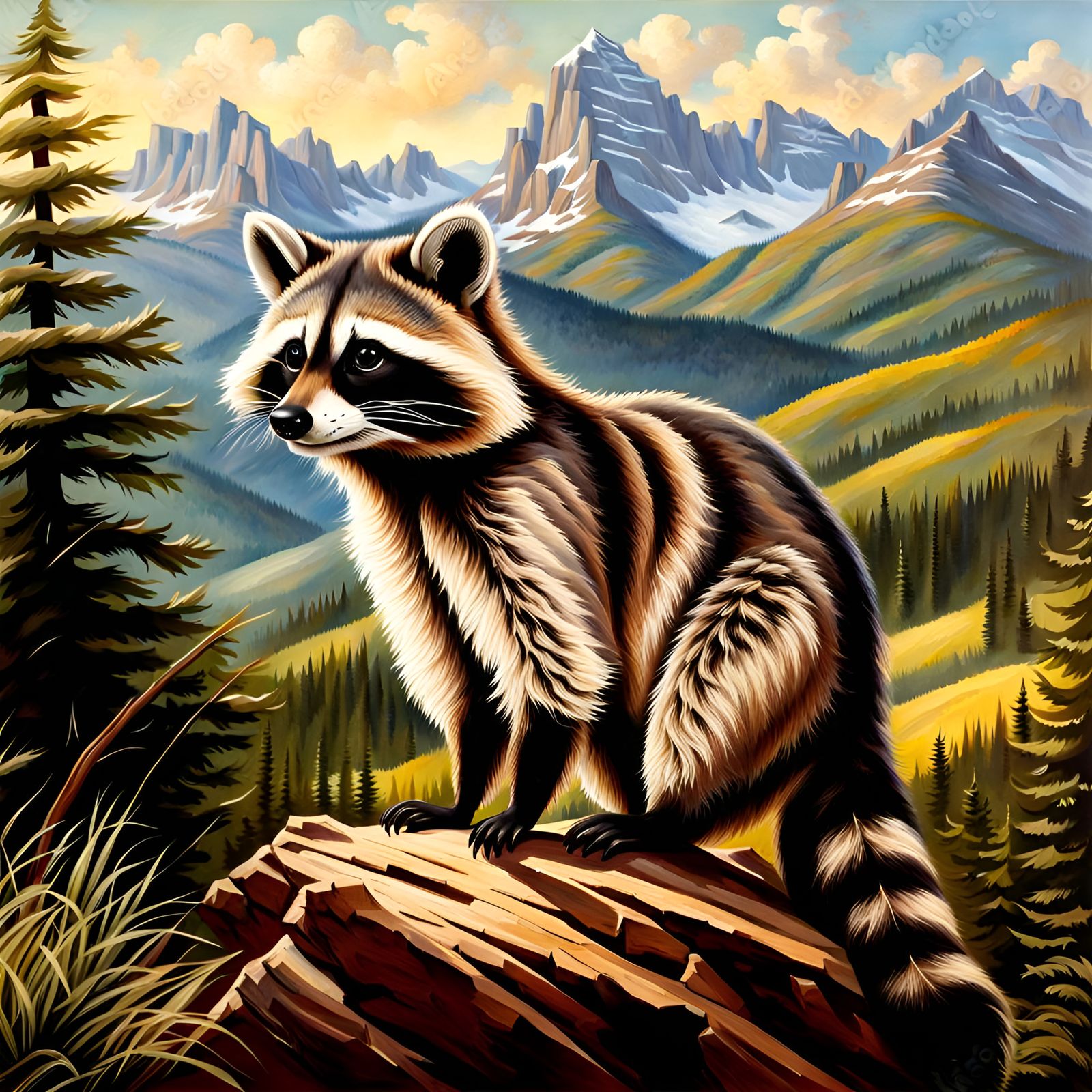 Realistic Raccoon in a Mountain Landscape