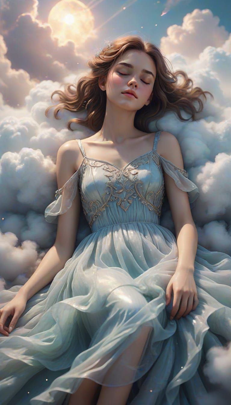 Ethereal Woman Sleeping on Cloud in Pastel Sky