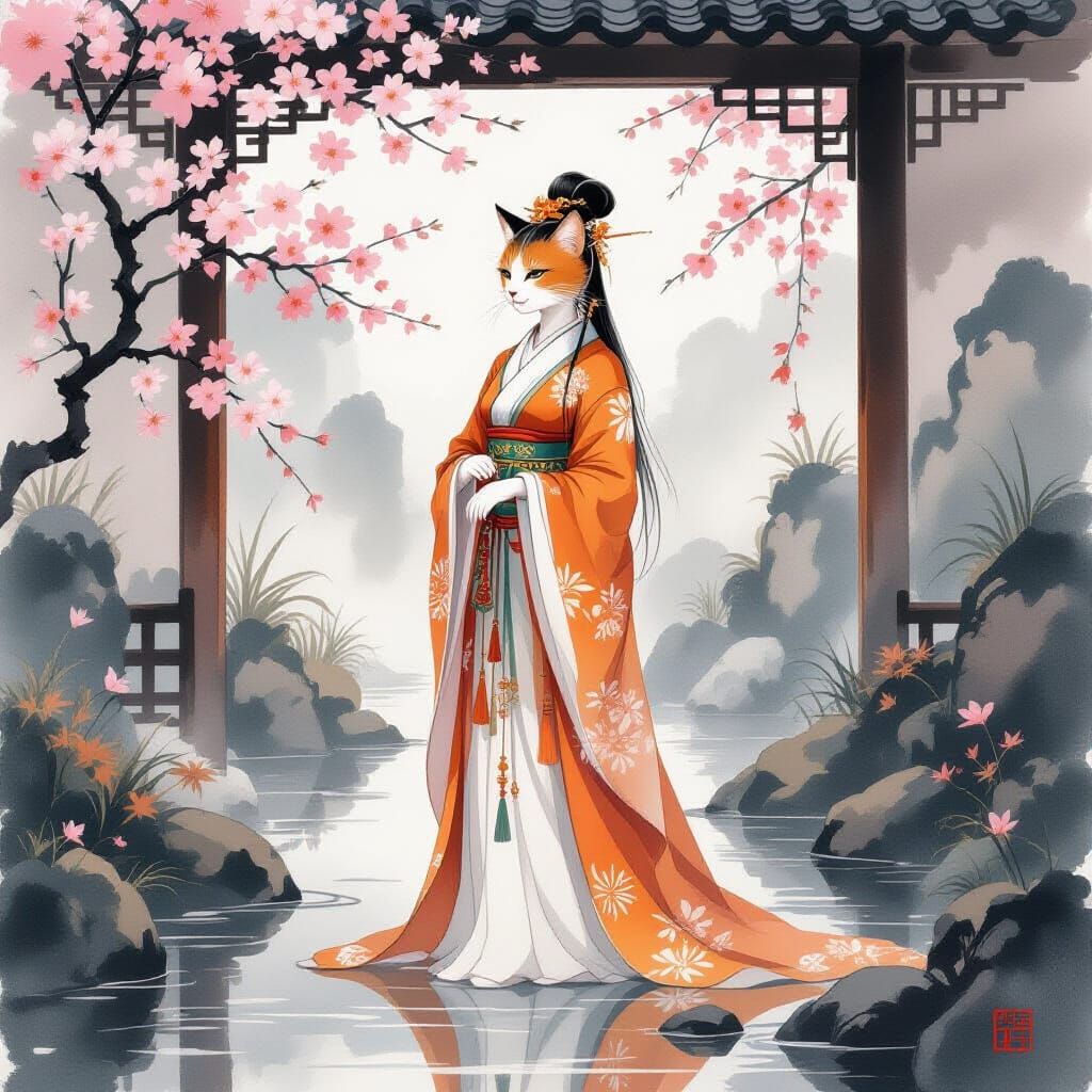 Elegant Chinese Cat Noble in Shui-Mo Painting Style