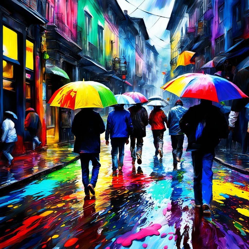 Colorful Paint Rainstorm in Flooded City