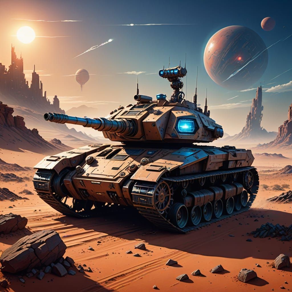 Modern Tank Confronts Futuristic Martian Robot in Barren Red...