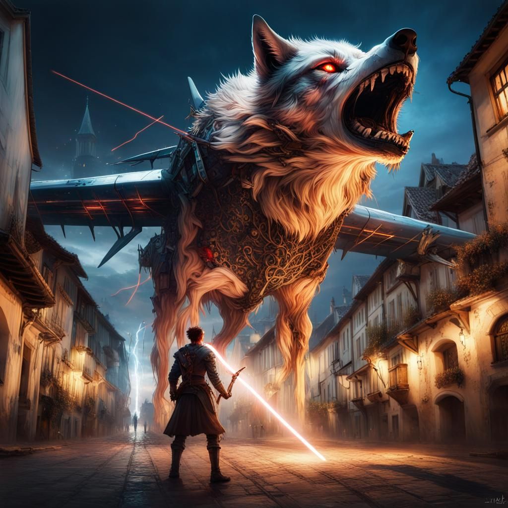 Sci-fi ,demon wolf airforce plane facing a knight holding a shinning sword that shoots laser beam   in medieval old town
