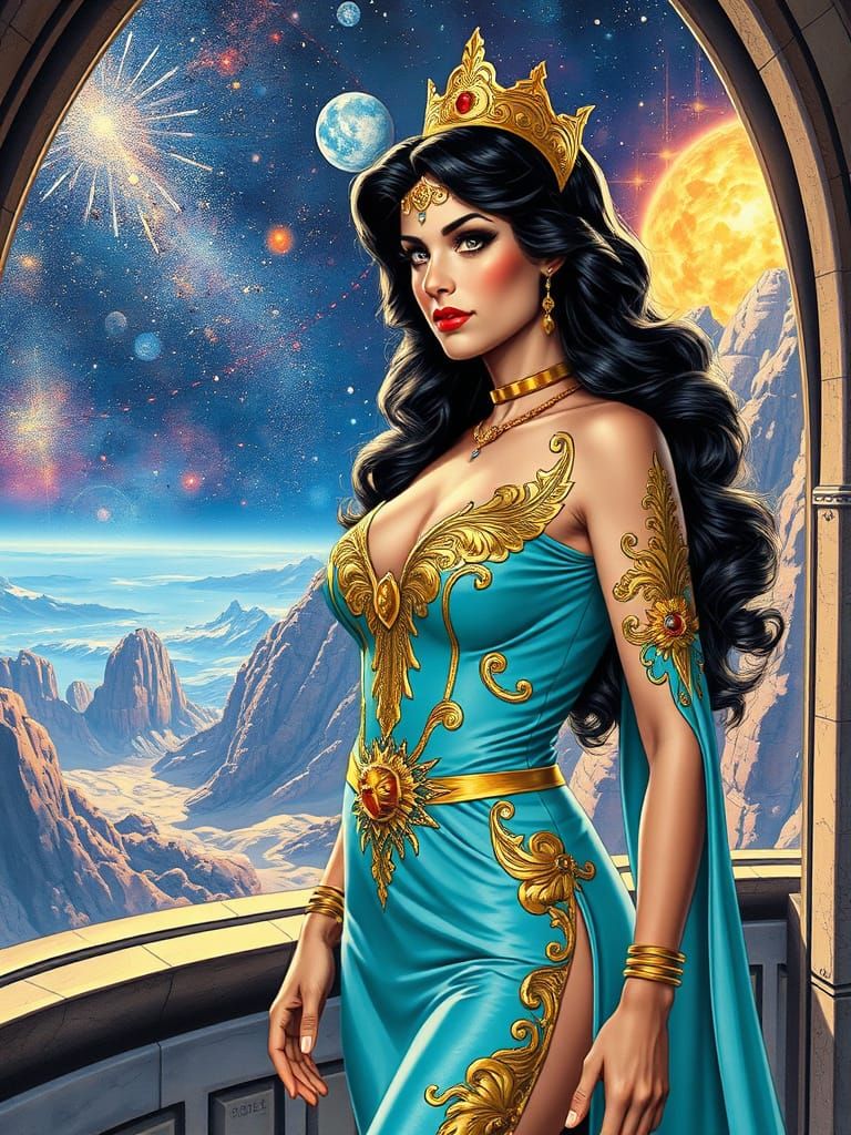 Elegant Space Princess in Retrofuturistic Sci-Fi Costume
