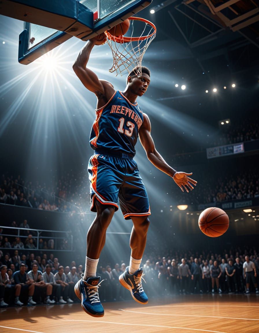 Basketball Player's Frozen Slam Dunk