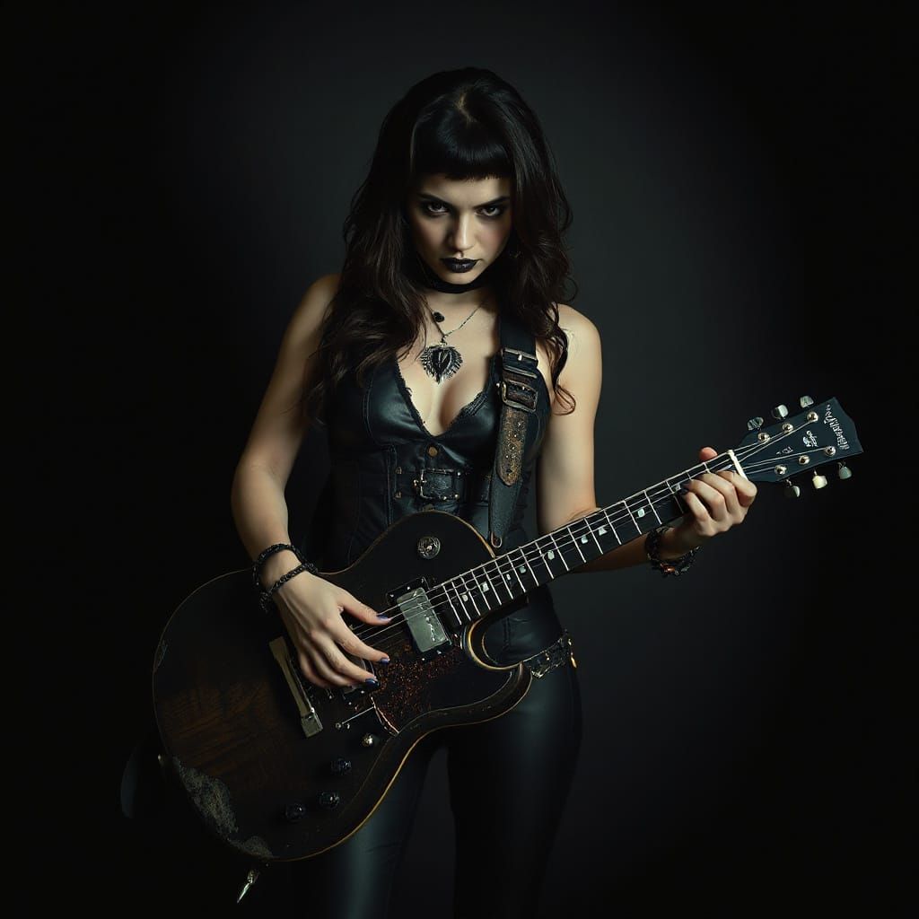 Gothic Rock Woman with Distressed Guitar in Dark Romanticism...