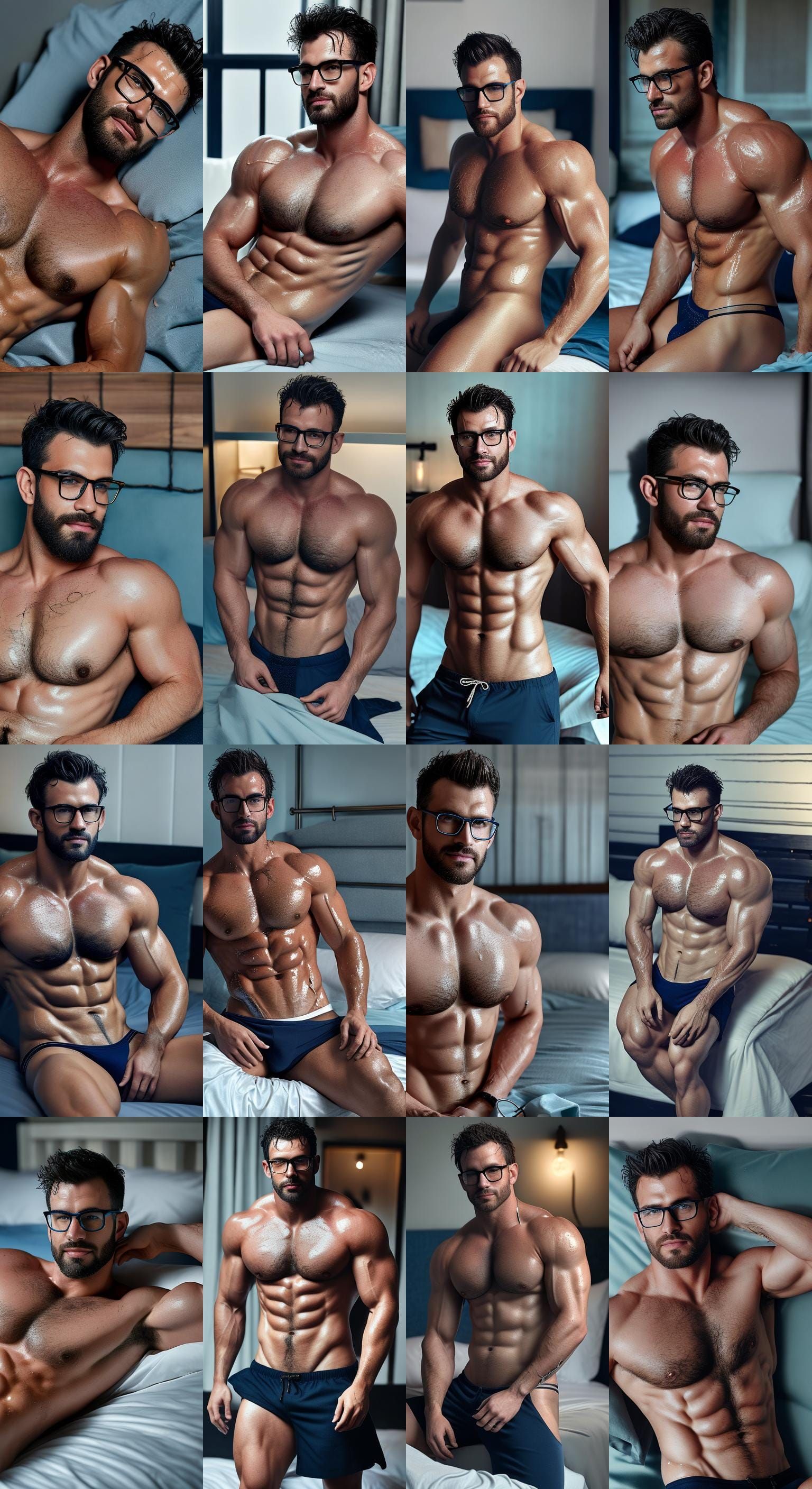 Dripping Wet Muscle Hunk in Dimly Lit Bedroom