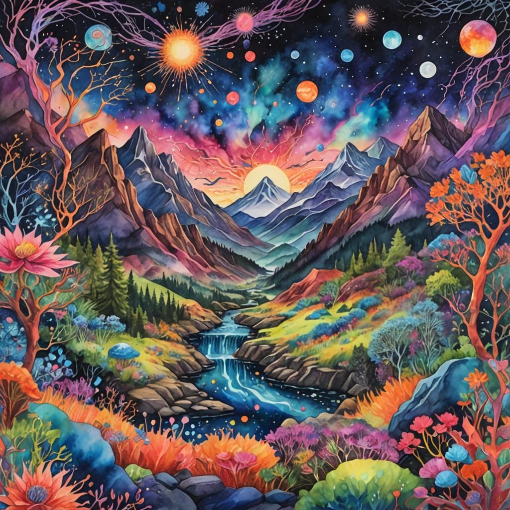 Surreal Floating Mountain Watercolor Landscape