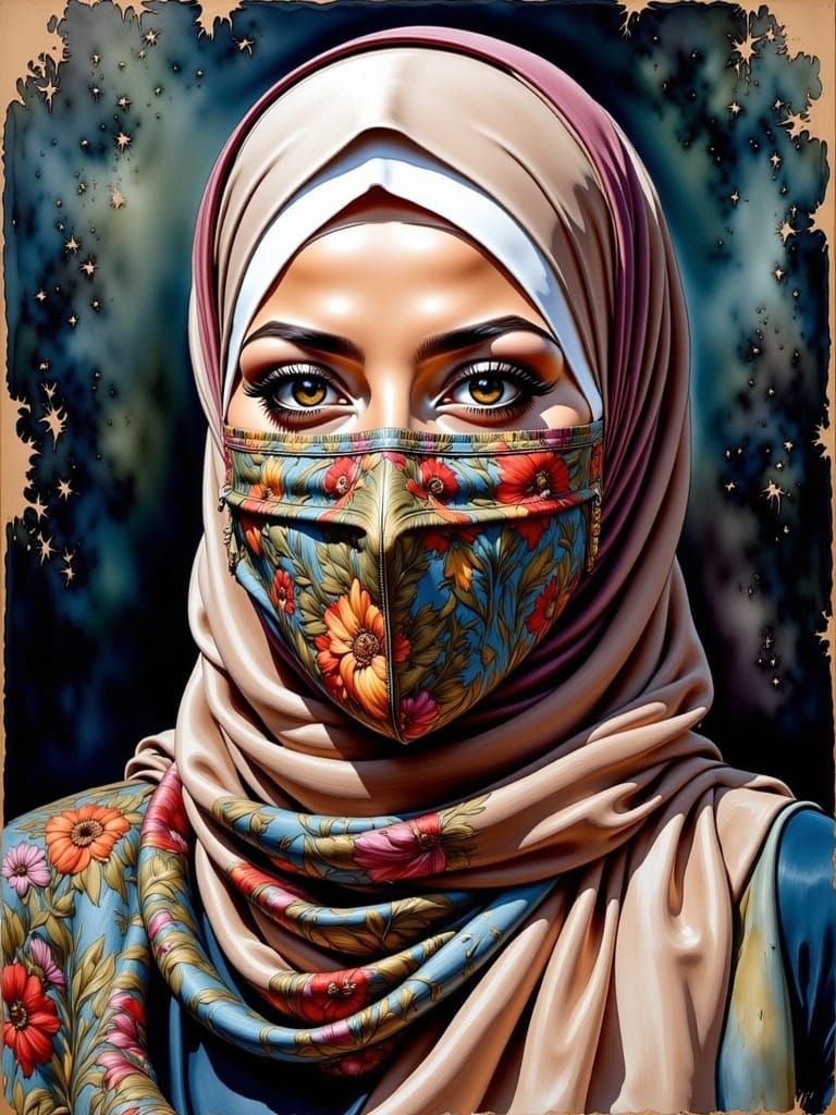 Beautiful Woman in Hijab Oil-Guache Painting