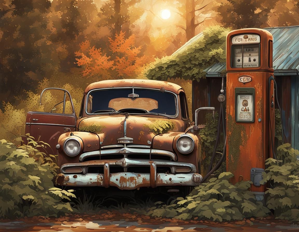 Vintage Car Reclaimed by Nature: Photorealistic Concept Art