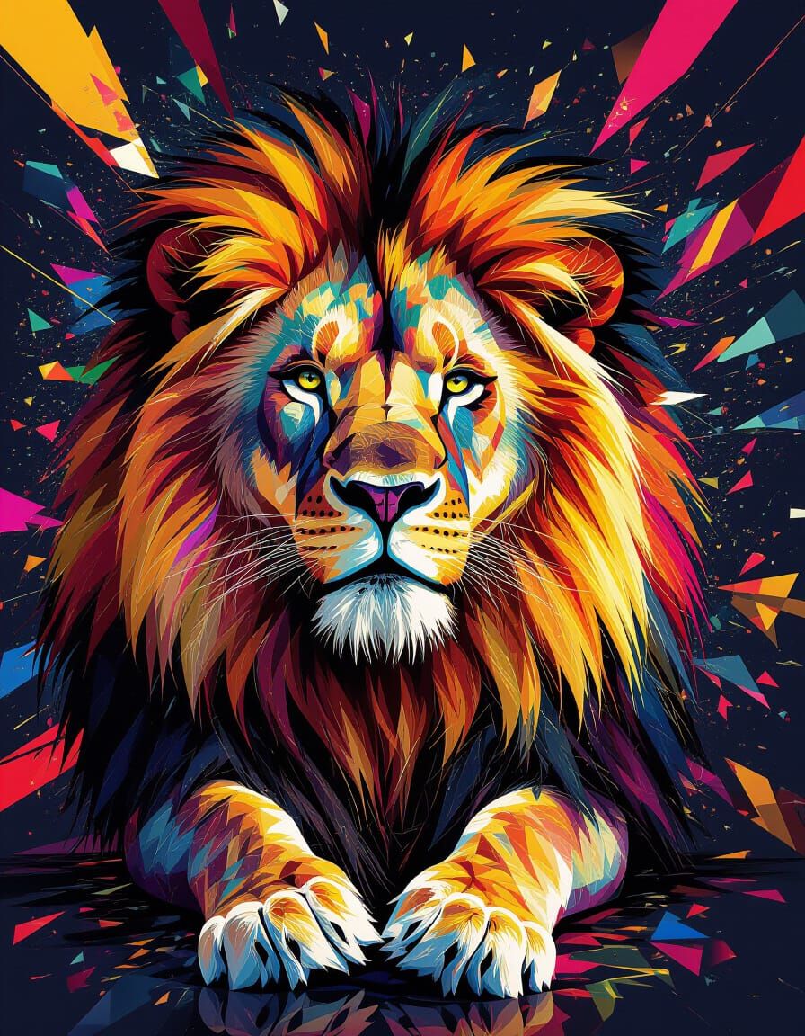 Kaleidoscopic Lion: Abstract Digital Art in Okuda Style